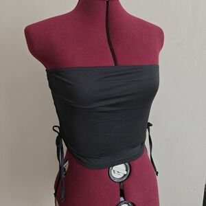 SHEIN Black Stretch Small Crop Top Off Shoulder Strapless‎ Bandeau Tie Bow Sides